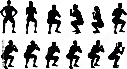 Squat exercise silhouettes set showing fitness workout positions, bodyweight training technique, strength training poses, gym routine illustration isolated on white background