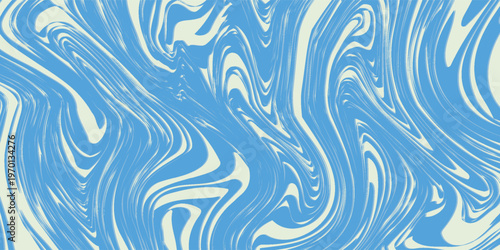A flowing, abstract pattern with blue and cream wavy lines creates a visually dynamic design.