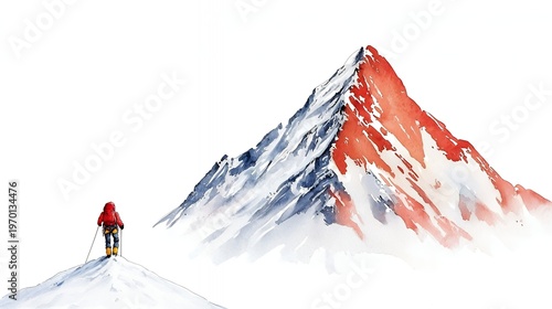 Solitary Climber Contemplates Majestic Mountain Peak in a Watercolor Landscape