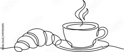 Croissant and coffee cup line drawing for cozy breakfast cafe bakery and morning food concept
