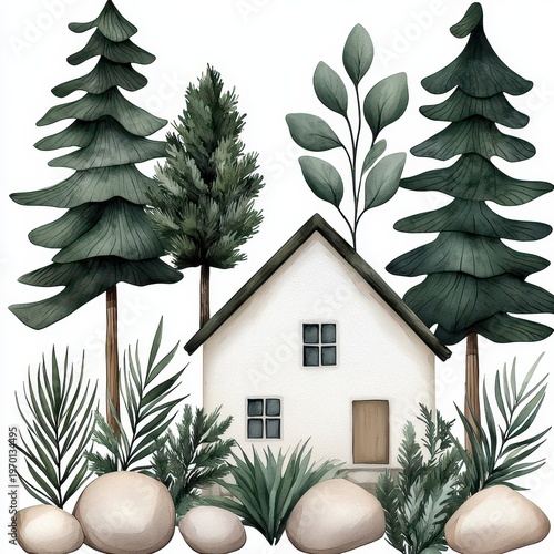 Watercolor Cozy White House in Green Forest Setting