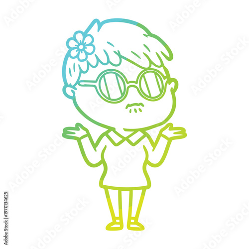 Cartoon girl with glasses and a flower shrugging her shoulders in a cold gradient line art style.