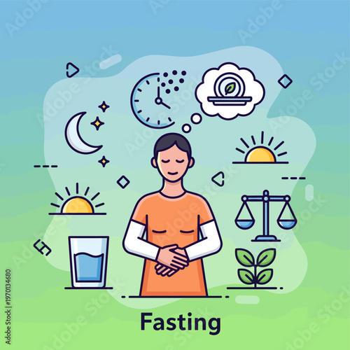 Illustration depicting the concept of fasting, showing a person meditating with symbols of time, moon, sun, a balanced scale, healthy food, and a glass of water.