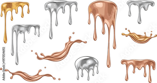 Metallic liquid drips collection with gold silver and bronze flowing paint splashes, glossy fluid shapes vector set isolated on white background
