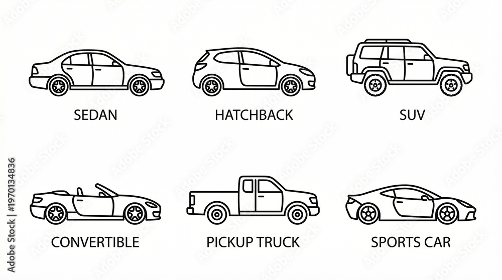 Obraz premium set of transport icons set of 6 minimal line art vehicles, sedan, hatchback, SUV, convertible, pickup truck, sports car, arranged in 2 rows, evenly spaced, black outline, thin stroke, no fill, isolate