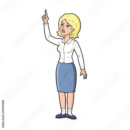 Cartoon illustration of a blonde woman with a black eye pointing her finger upwards.