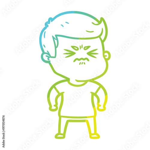 Cold gradient line drawing of a frustrated cartoon man with clenched eyes and a grimace.