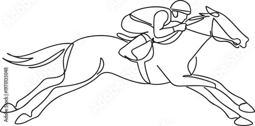 Jockey riding galloping horse line drawing capturing equestrian race sport speed and competition theme