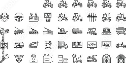 Agriculture and farming line icons set featuring tractors tools machinery smart farming technology vehicles and equipment in outline vector style