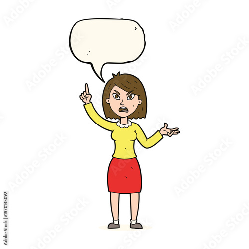 Cartoon illustration of an angry woman with brown hair pointing up and yelling with a speech bubble
