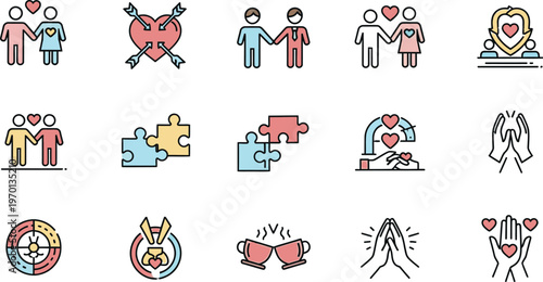 Set of love and relationship icons representing connection, romance, and emotional support