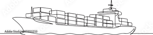 Cargo ship with containers line drawing illustrating global trade shipping logistics and maritime transport