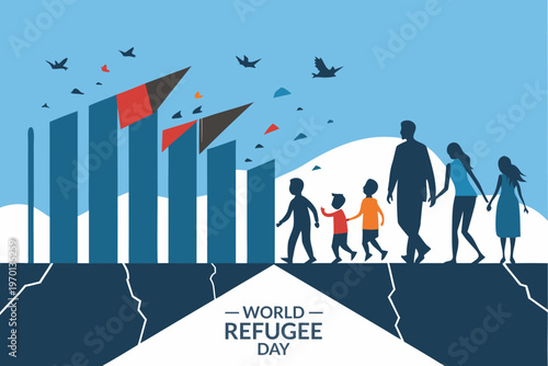 Family silhouettes walk toward a cityscape representing world refugee day