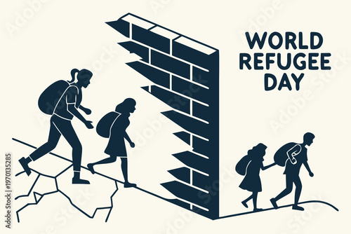 Silhouettes of refugees walking towards a wall with world refugee day text