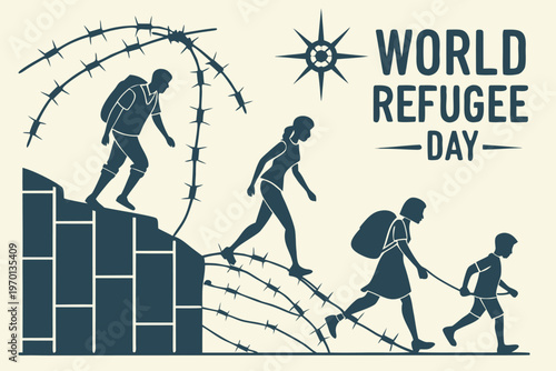 Refugees walking towards a brighter future symbolized by world refugee day text