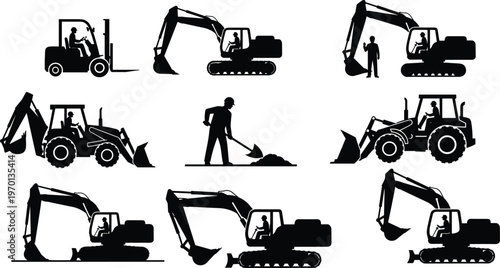 Construction machinery silhouettes with workers including excavators, tractors, forklifts, and loaders isolated on white background for industrial equipment concept