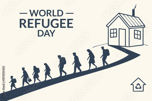 World refugee day illustration showing a line of people walking towards a house