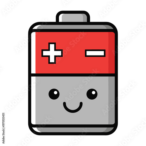 Smiling red and gray battery icon in a cute kawaii style with positive and negative signs