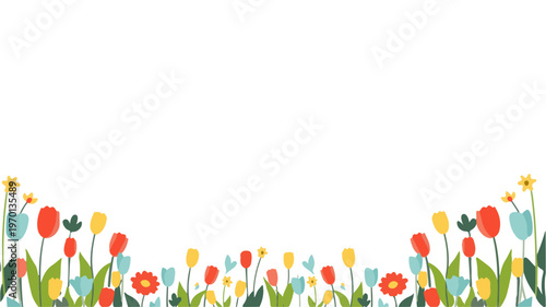Vector template. Minimalist spring element web banner. Clean flat vector design. Abstract geometric composition with simplified shapes of tulips, daisies, birds, and leaves clustered in the bottom cor