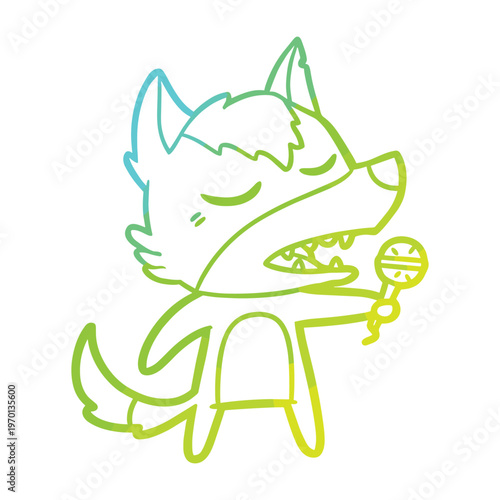 A cartoon wolf singing loudly into a microphone with a cyan and lime green gradient outline.