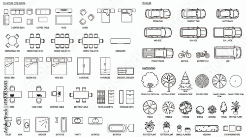 Top down view of architectural CAD blocks featuring furniture vehicles landscaping and bathroom symbols for floor plans, concept for architectural drawing, interior design and site planning