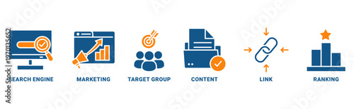 Search Engine Marketing (SEM) icon set vector concept with icon of search engine, marketing, target group, content, links, ranking 