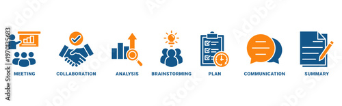 Brief icon set vector concept with icon of meeting, collaboration, analysis, brainstorming, plan, communication, and summary 