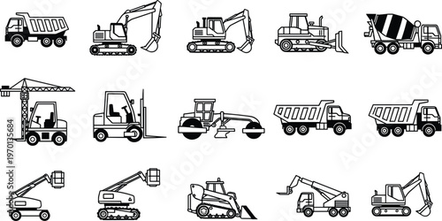 Heavy construction vehicles and machinery icon set featuring excavators, dump trucks, cranes, forklifts, and loaders in modern outline vector style