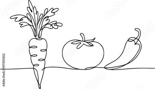 Vegetable line art set with carrot tomato and chili representing healthy food and farm produce concept