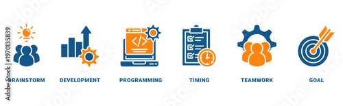 Hackathon icon set vector concept with icon of brainstorm, development, programming, timing, teamwork, and goal 