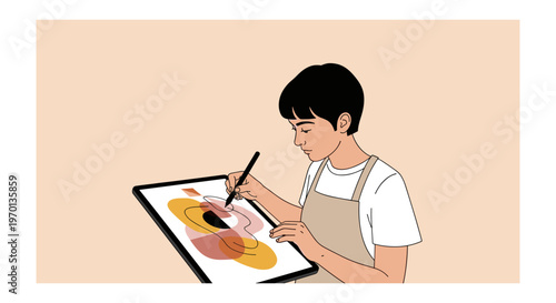 Asian man in apron drawing on digital tablet with stylus in studio lighting for graphic design