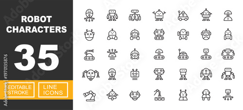 Robot Characters icon set. Includes various robot types, android mascots, robotic arms, bionic characters, futuristic machinery. Editable stroke line icons.