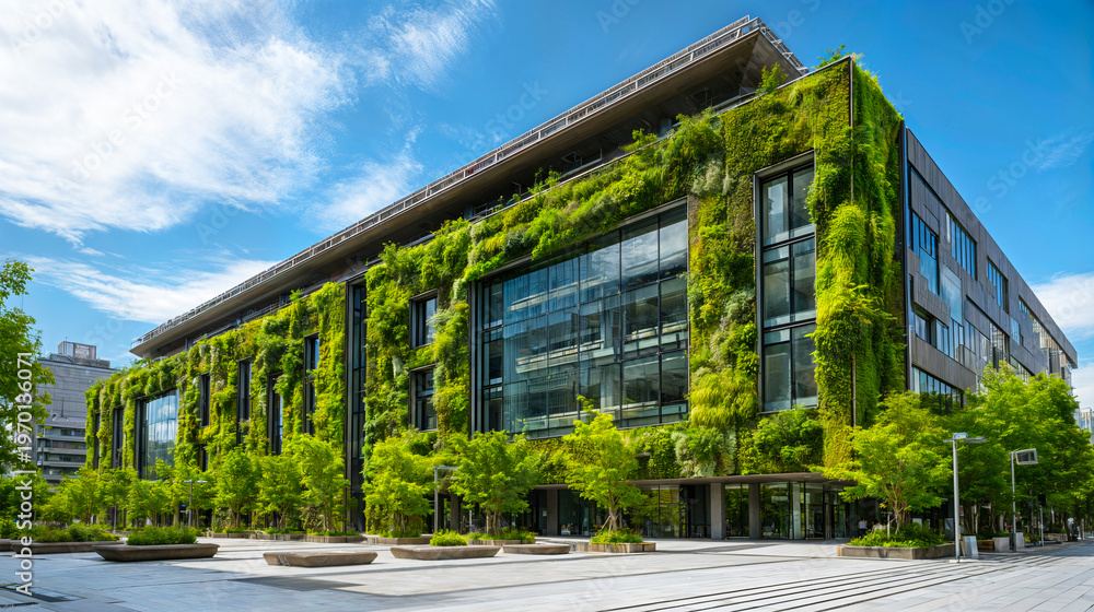 Obraz premium Modern Office Building with Vertical Garden Facade and Solar Panels Blue Sky