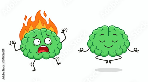 Green brain cartoon characters showing burnout on fire versus calm meditating brain on white background, concept for mental health awareness, stress management and workplace productivity