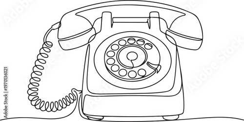 Retro old telephone line drawing with vintage communication technology and classic device concept