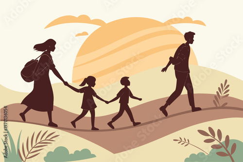 Family silhouette walking together towards a warm sunset in a landscape