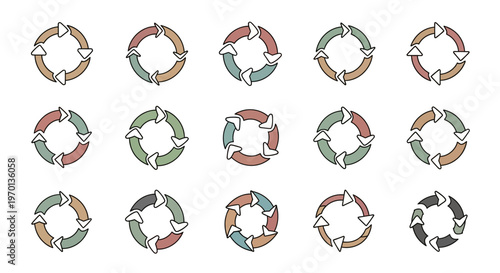 Circular Arrow Diagrams Set Illustrating Continuous Processes, Cycles, and Workflow Concepts