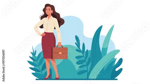 Woman holding a briefcase walking through a stylized underwater scene. Vector