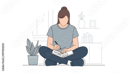 Young woman sitting cross-legged, writing in a notebook, illustration, home office concept