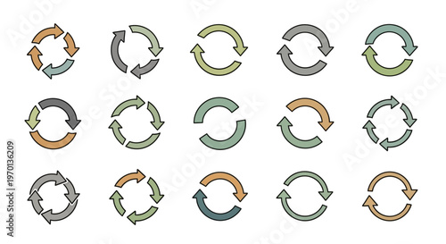 Circular Arrow Icons Set: Refresh, Cycle, Process, and Loop Symbols in Muted Tones