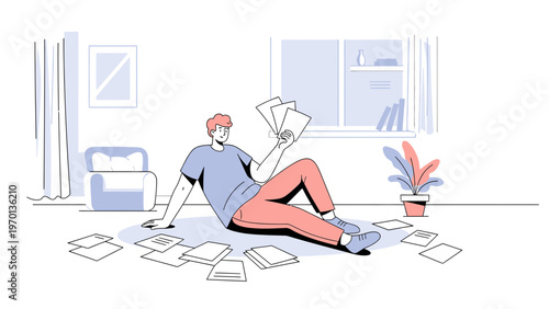 Man sitting on floor surrounded by papers, sorting documents, studying, working from home concept