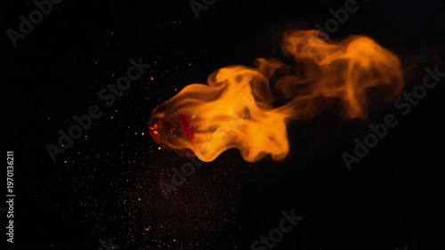 A burning object with bright orange flames and glowing embers exploding on a black background fire