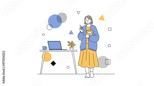 Woman working at desk with laptop, holding book and pen, abstract shapes background