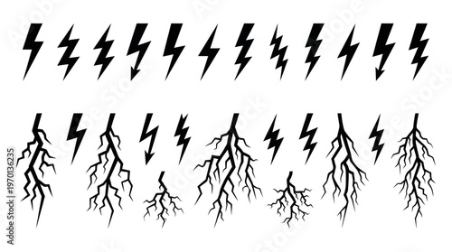 Collection of black lightning bolt icons and electric discharge symbols with sharp jagged edges isolated on white background, concept for electricity power, logo design and energy branding