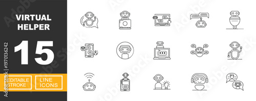 Virtual Helper icon set. Includes digital assistant, online chatbot, smart communication, automated support, mobile AI service. Editable stroke line icons.