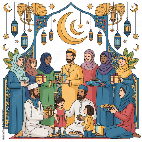 A diverse group of Muslim families celebrating a festive occasion, exchanging gifts and sharing food under decorative Islamic arches with crescent moon and stars.
