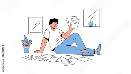 Man sitting on floor surrounded by papers, holding documents, working or studying