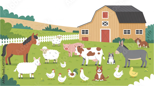Rustic farmyard scene with animals and a red barn in the countryside Vector