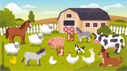 A pastoral scene featuring a farmhouse surrounded by chickens and farm animals Vector