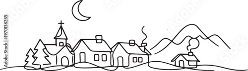 Winter village line icon illustration with snowy houses holiday season and cozy landscape concept